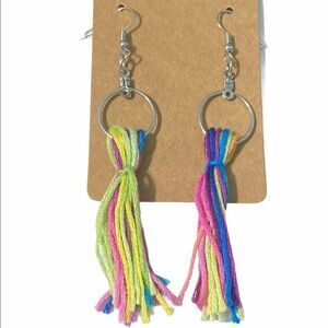 Rainbow Tassel Fringe Statement Earrings Slip On Dangle Hoop Silver Green Pink‎